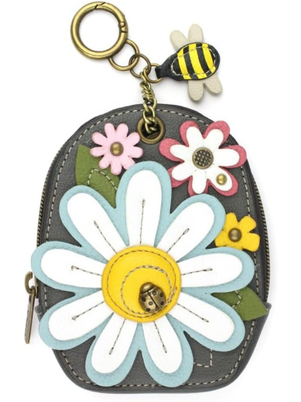 Mini Coin Purse Keychain - RFID Card Holder & Coin Purse Accessory - Gray Daisy
